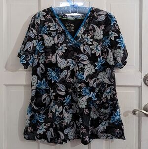 Paisley Print Women's ScrubTop - Black and Blue